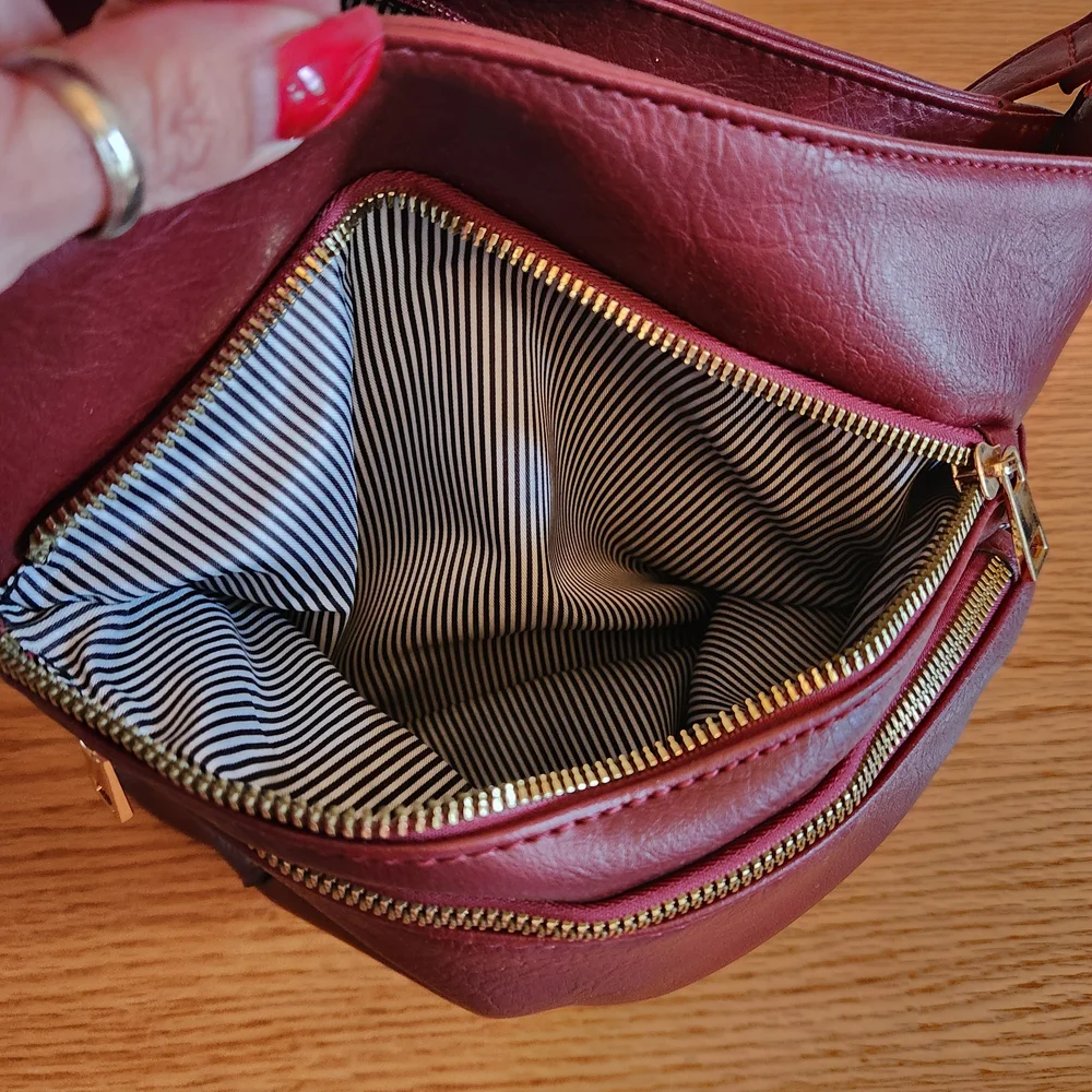 Elegant Burgundy Faux Leather Shoulder Bag Multi Pockets